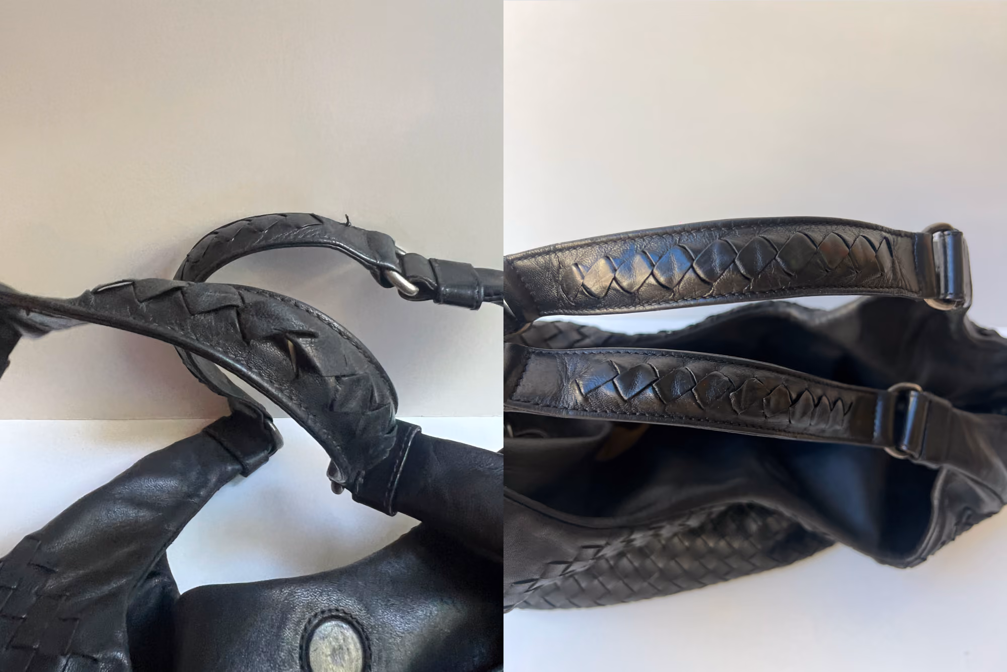 Close-up of worn woven leather straps on a Bottega Veneta bag, shown from two angles before and after repair