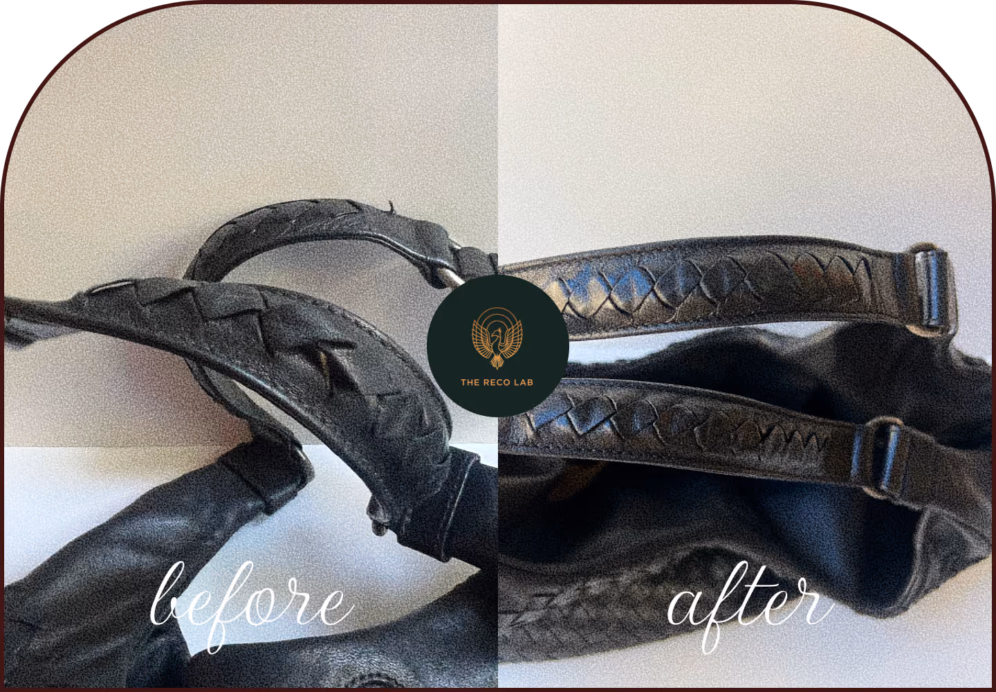 Before and after repair of Bottega Veneta intrecciato woven leather straps, cracked weave restored to smooth condition