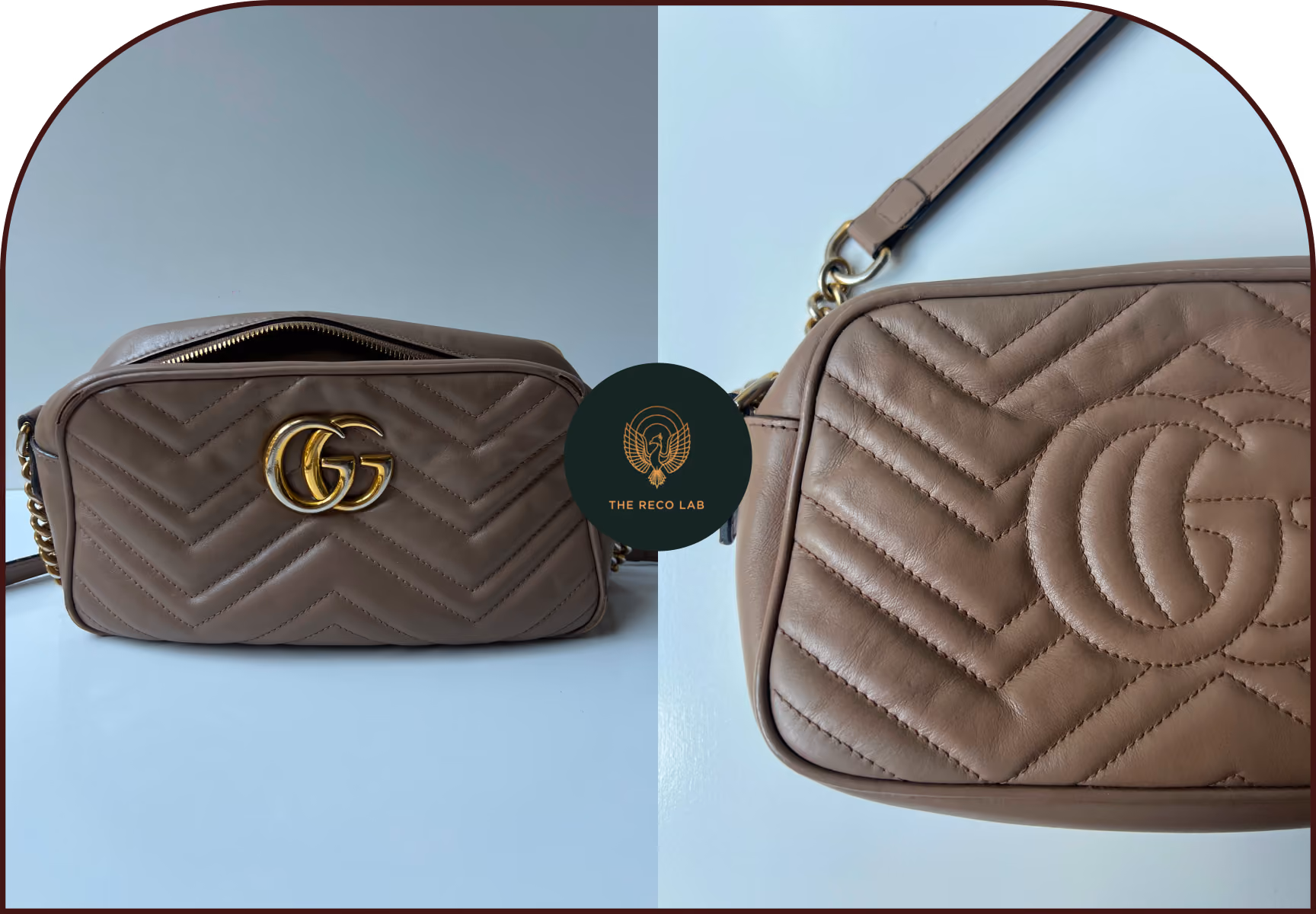 Restored Gucci beige leather handbag after deep cleaning and color touch-up at The Reco Lab Sydney