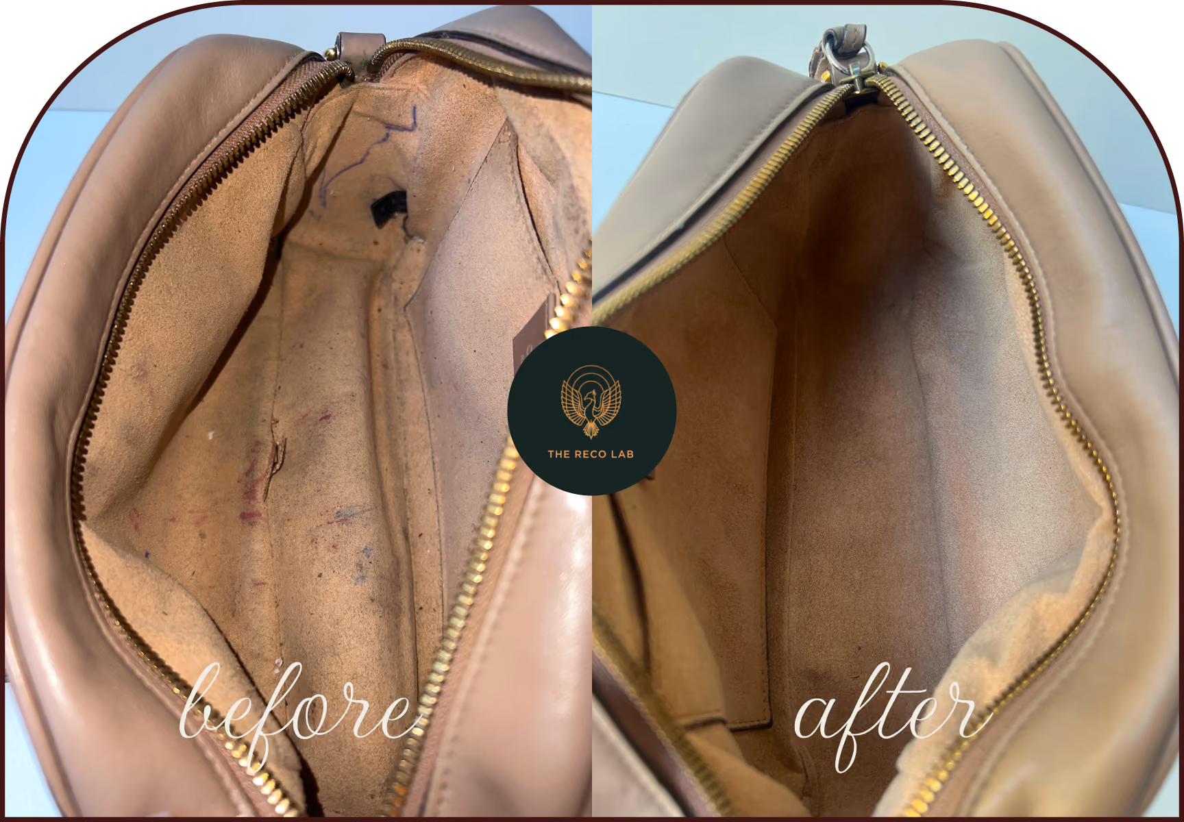Gucci handbag interior before and after professional ink stain removal at The Reco Lab Sydney