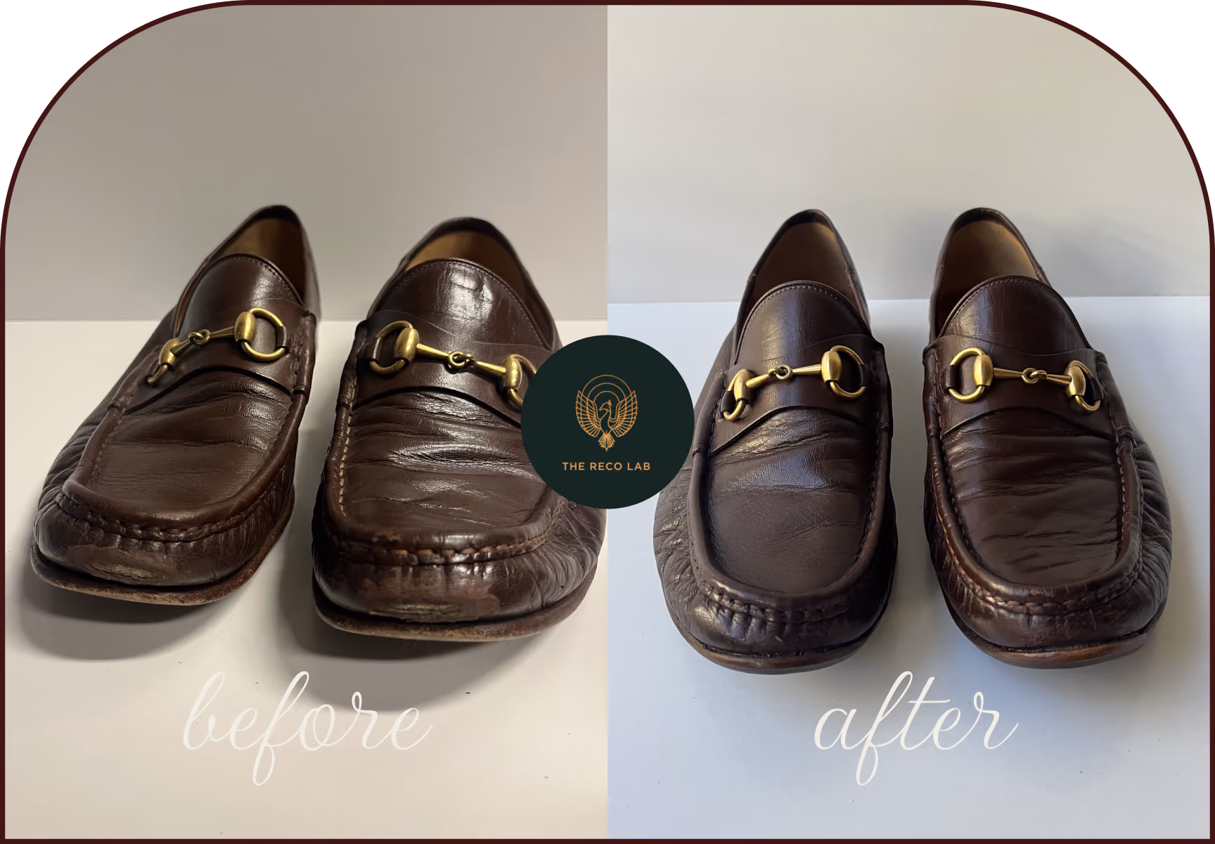 Brown leather Gucci loafers before and after professional shoe restoration and polish at The Reco Lab Sydney