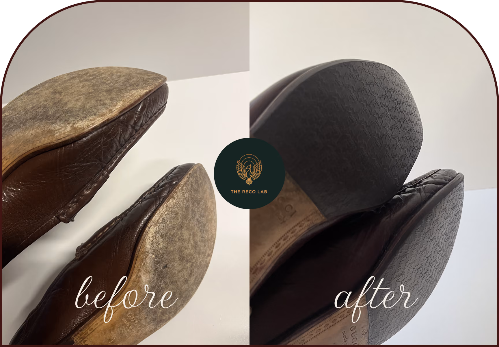 Gucci shoes before and after professional protective sole installation at The Reco Lab Sydney