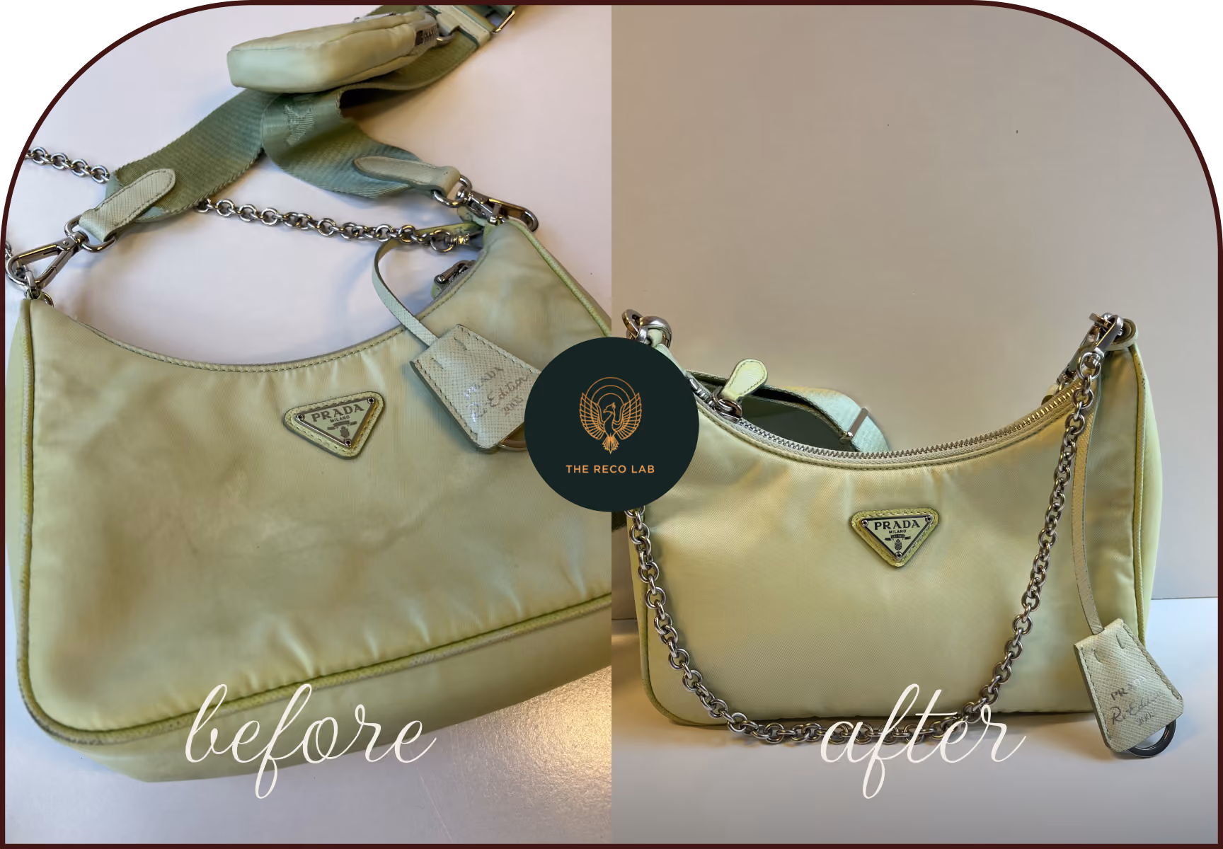 Light green Prada nylon handbag after professional fabric cleaning and stain removal at The Reco Lab Sydney