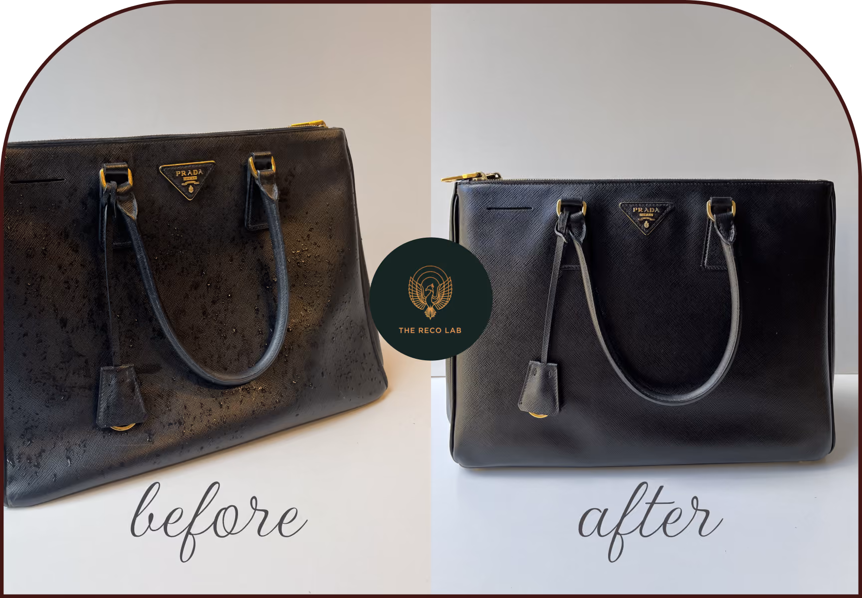Black Prada handbag leather restoration before and after showcase at The Reco Lab Sydney