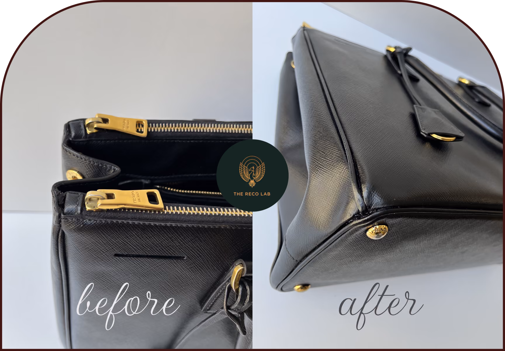 Prada leather tote before and after expert leather cleaning and color restoration by The Reco Lab