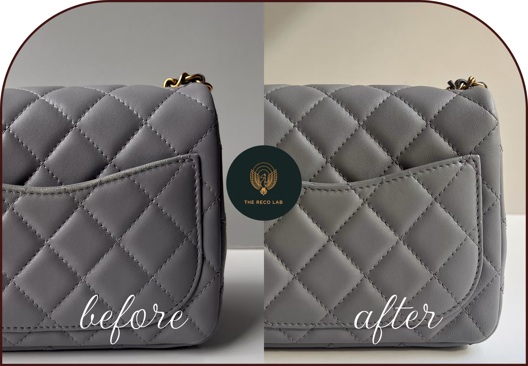 Grey Chanel leather handbag before and after scratch removal and color restoration at The Reco Lab Sydney