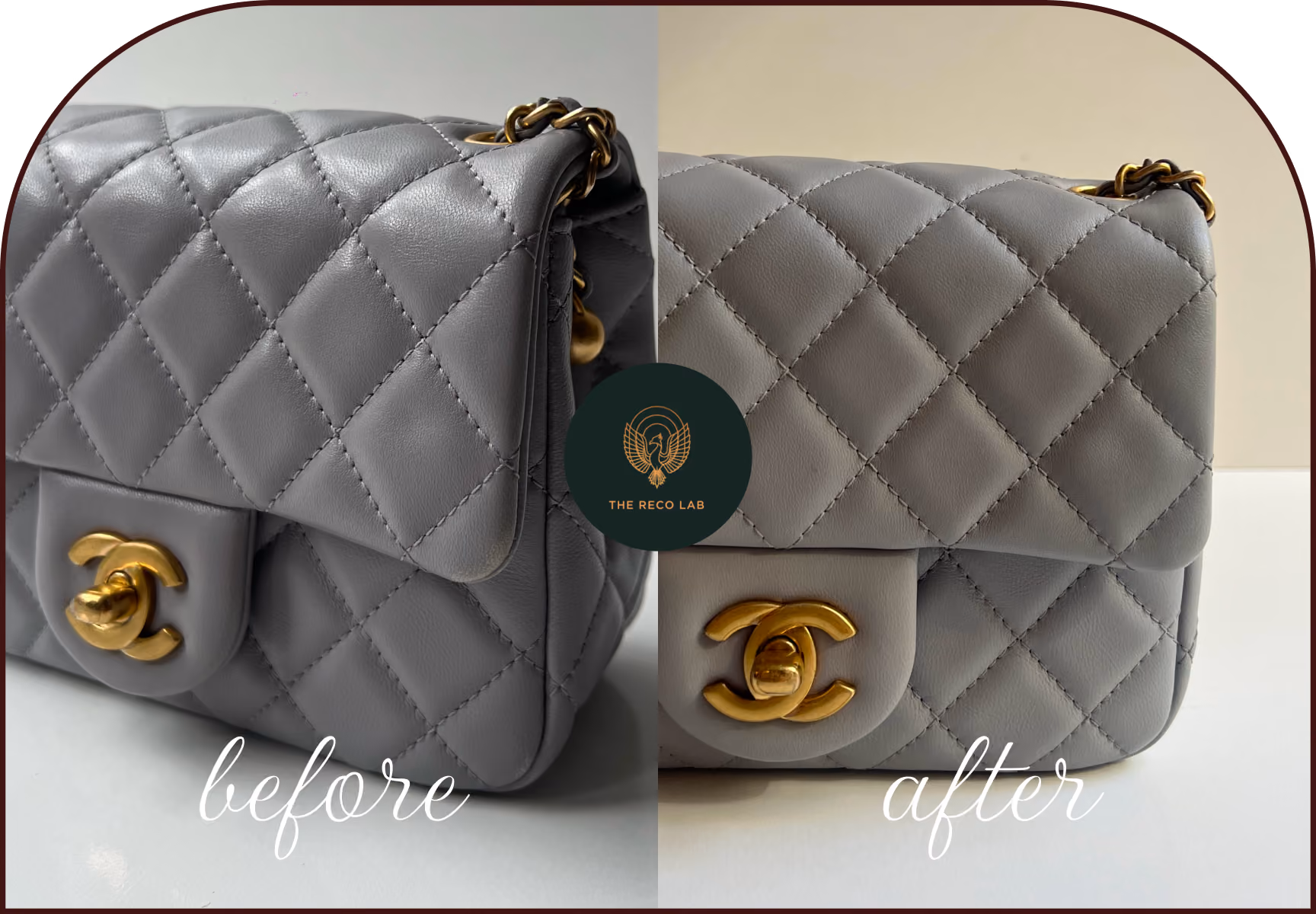 Grey Chanel leather handbag before and after scratch removal and color restoration at The Reco Lab Sydney