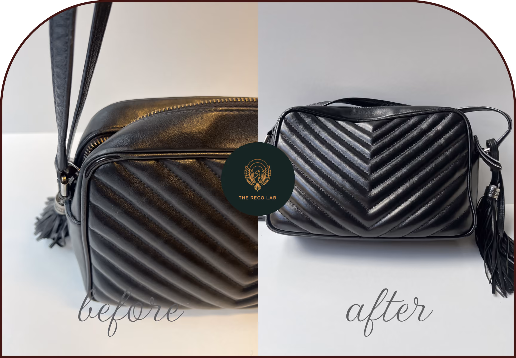 Saint Laurent leather bag corner wear repair before and after at The Reco Lab Sydney