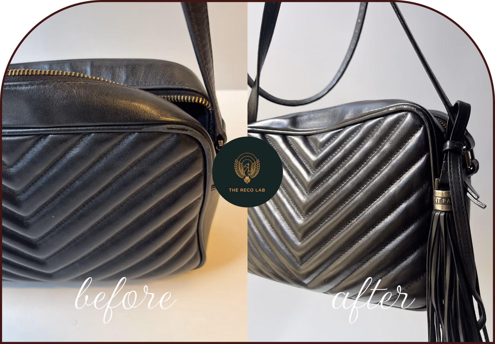 Black Saint Laurent handbag edges before and after leather corner repair at The Reco Lab Sydney