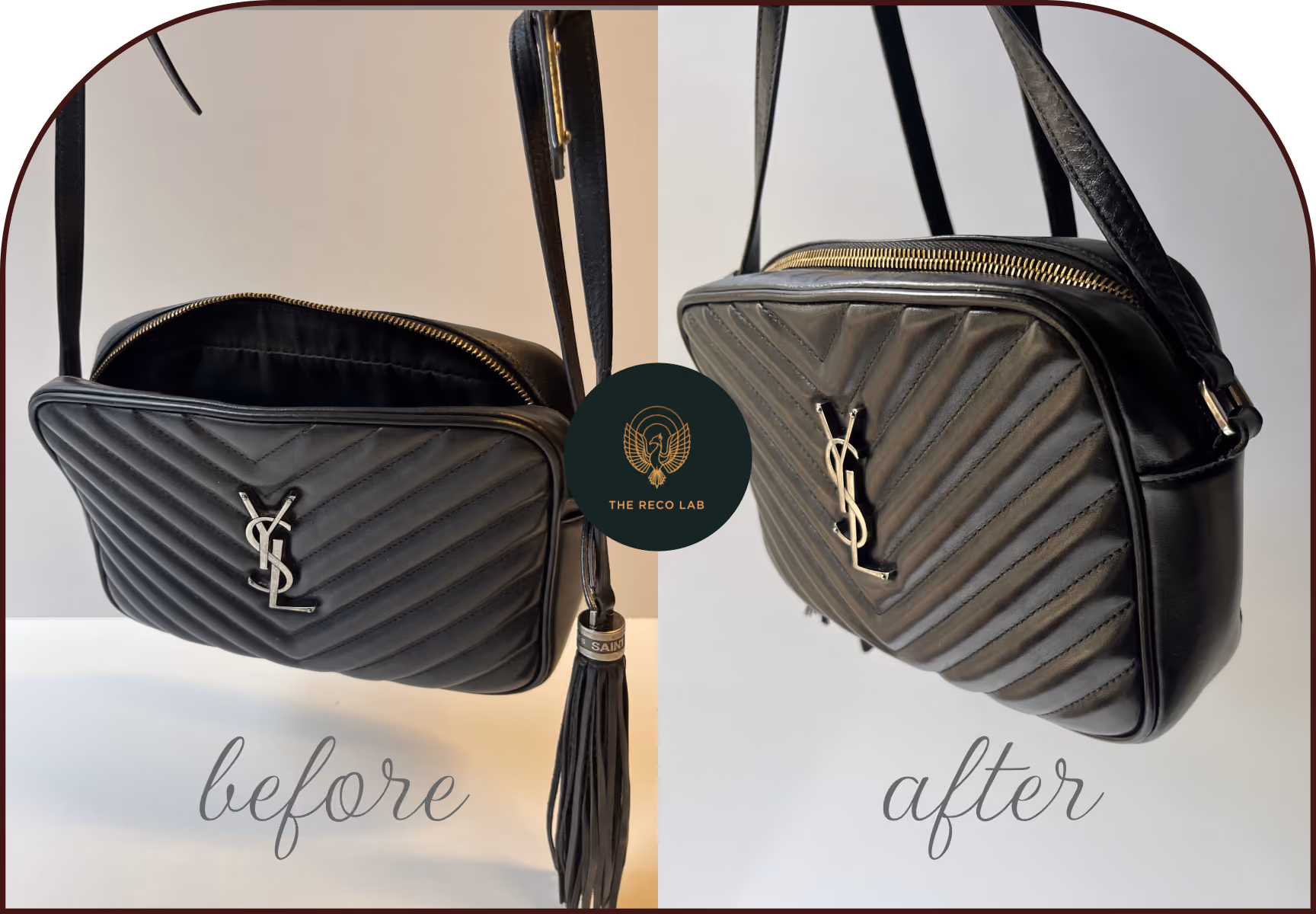 Saint Laurent leather handbag before and after corner wear repair and color touch-up at The Reco Lab Sydney