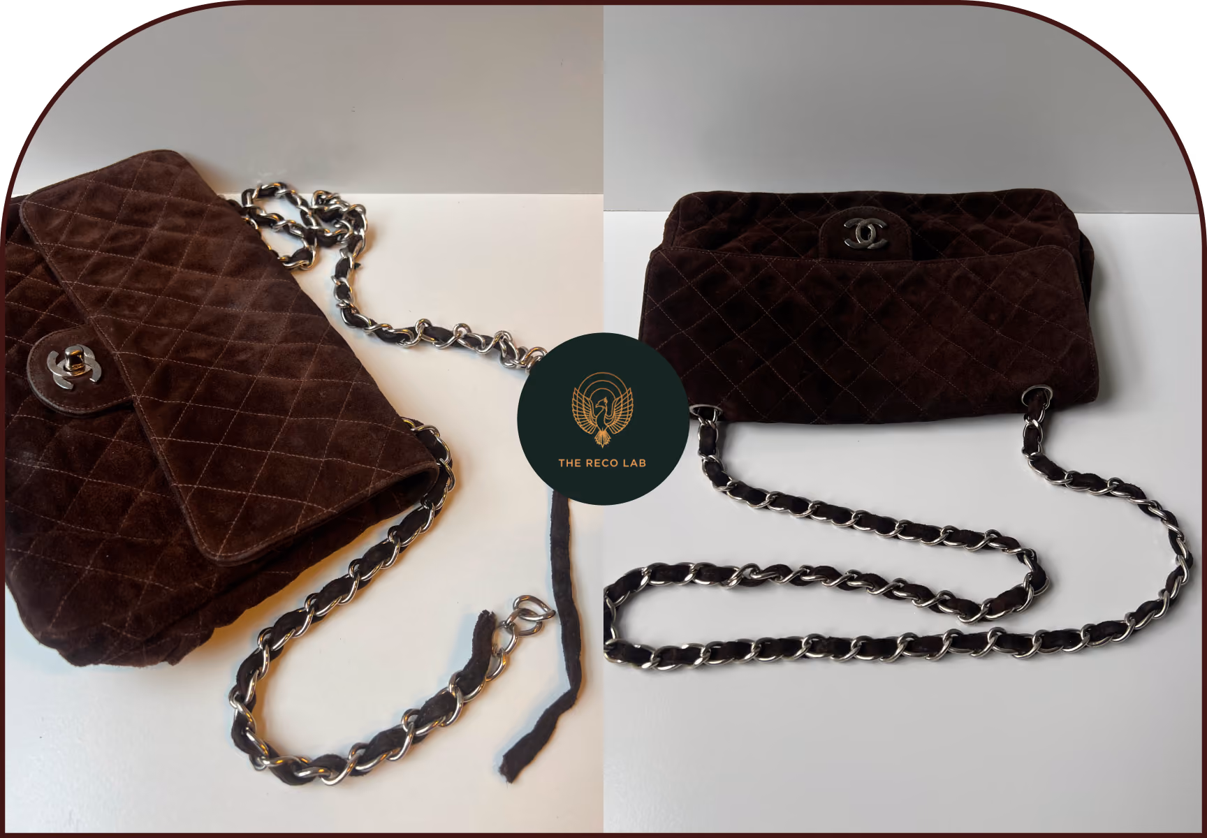 Brown Chanel suede handbag chain strap re-threading and repair before and after at The Reco Lab