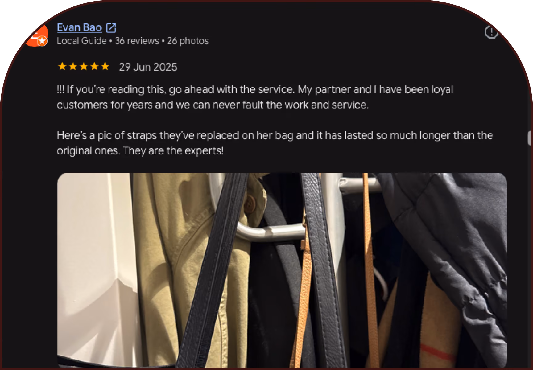 5-star Google review for bag strap replacement services at The Reco Lab Sydney