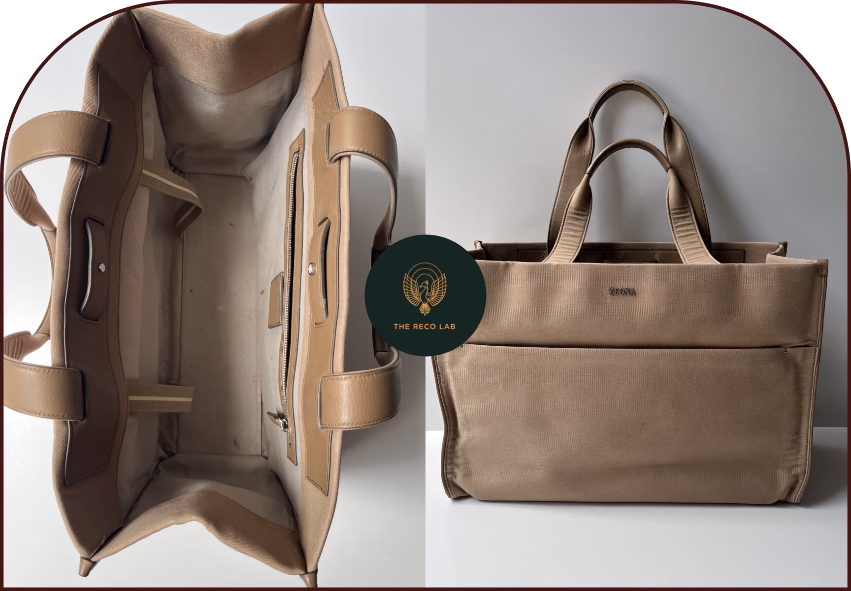 Canvas tote bag interior and exterior showing stitching repair at The Reco Lab Sydney