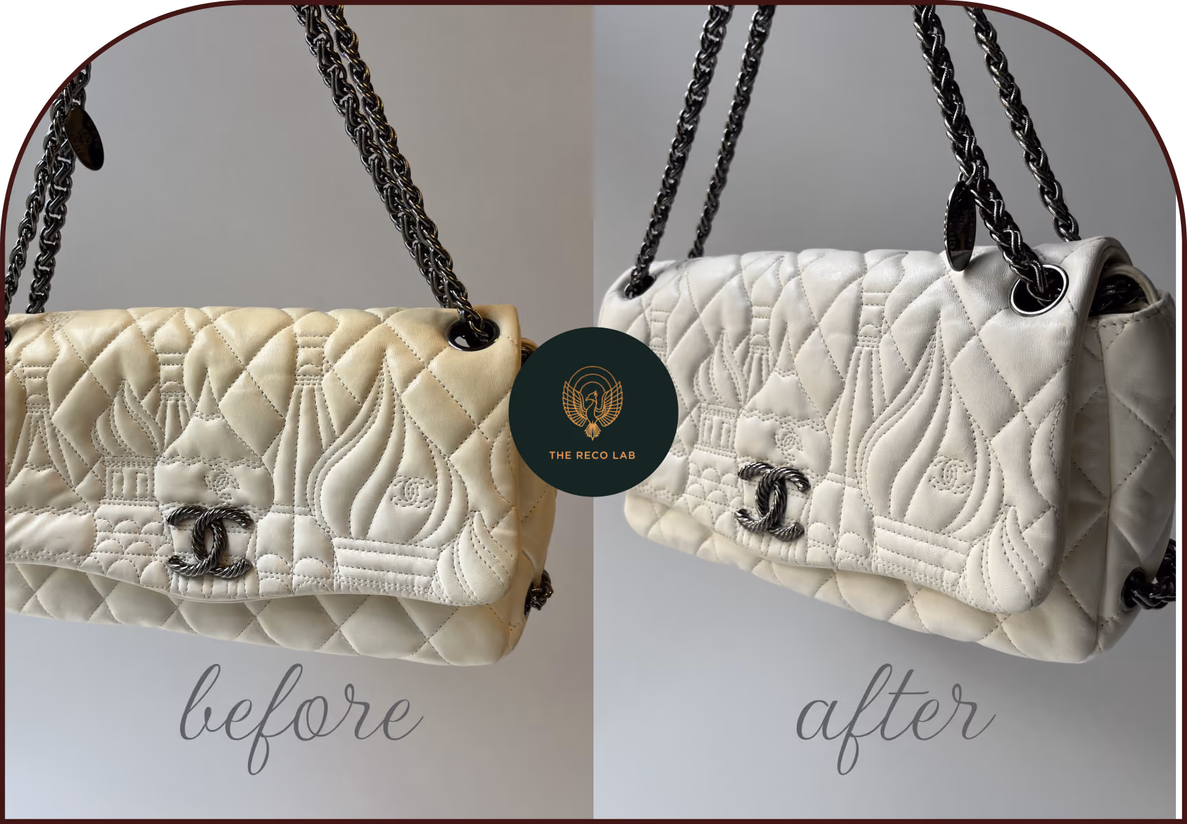 Before and after sun-faded Chanel bag restoration, front view showing color restored from yellowed to bright white