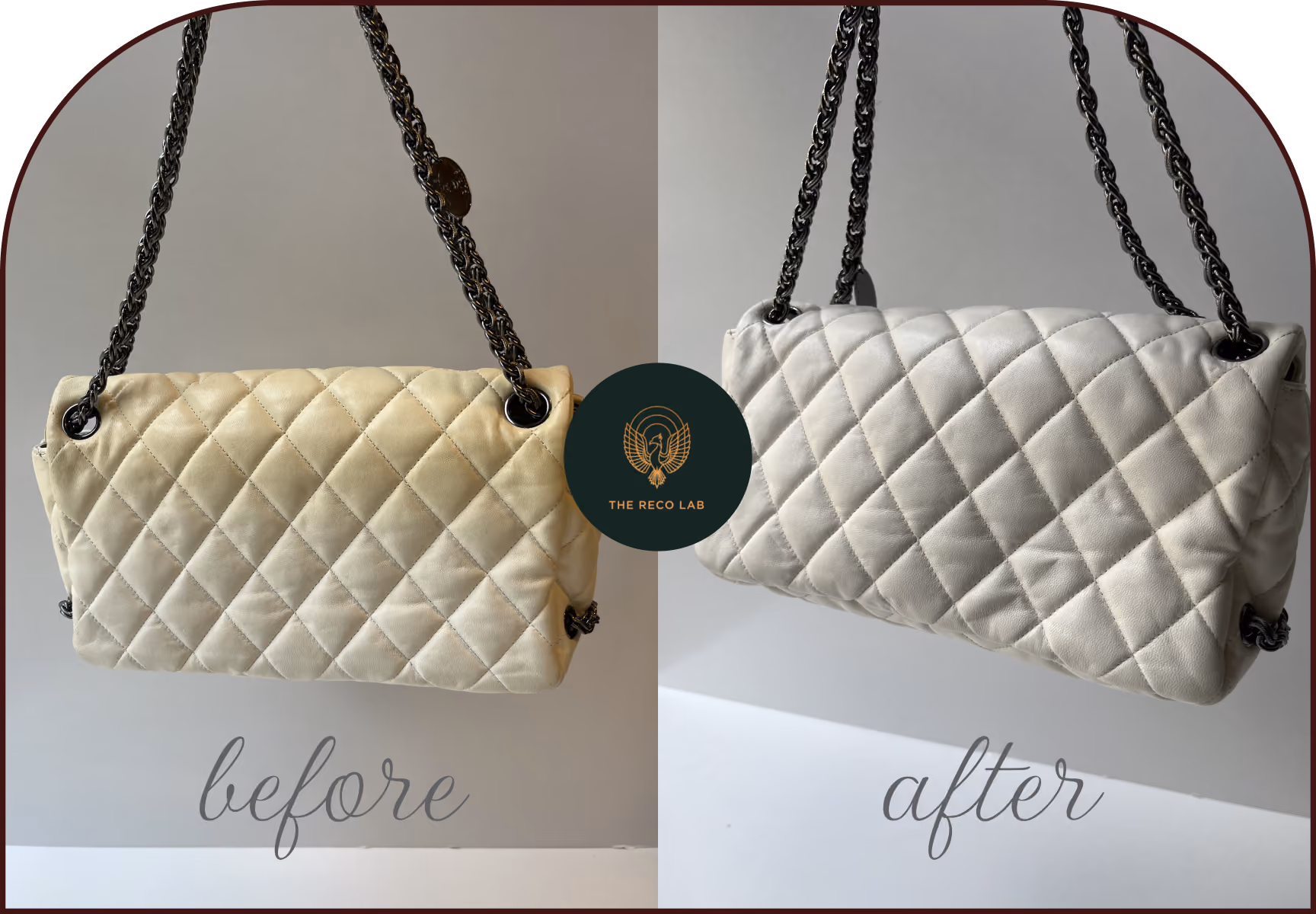 Before and after view of the bag's back panel, sun-damaged yellow leather restored to its original beige tone