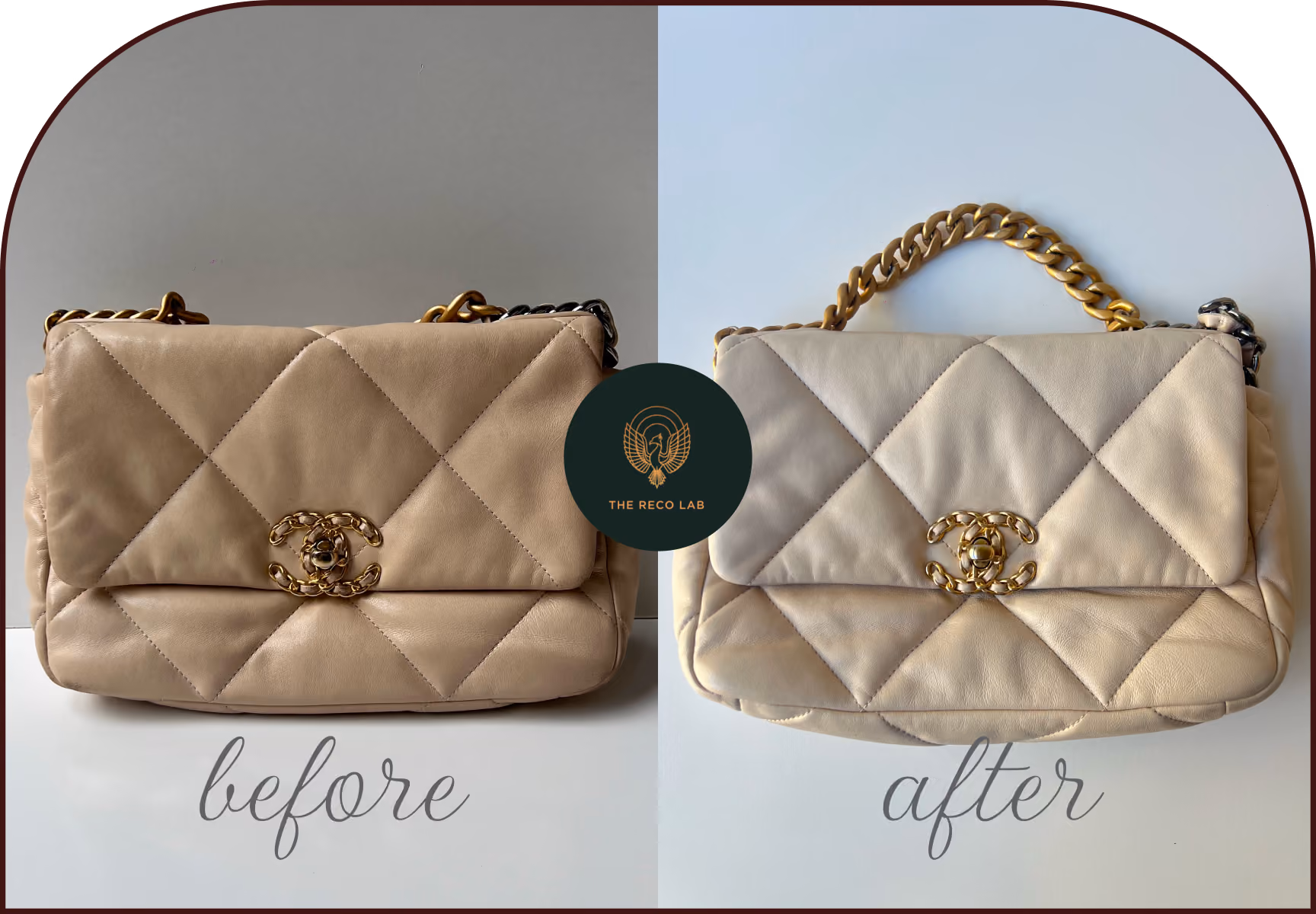 Before and after restoration of a beige Chanel bag, discoloration removed and color evened out