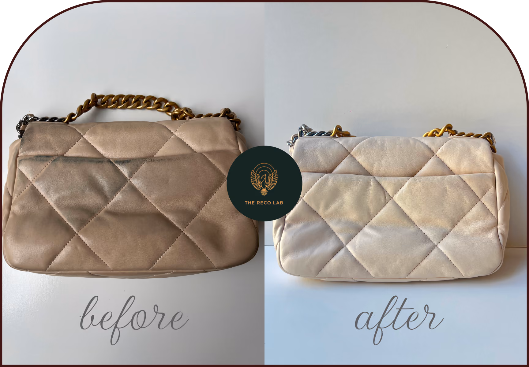 Side view comparison of a quilted Chanel bag showing dark discoloration before treatment and even beige tone after