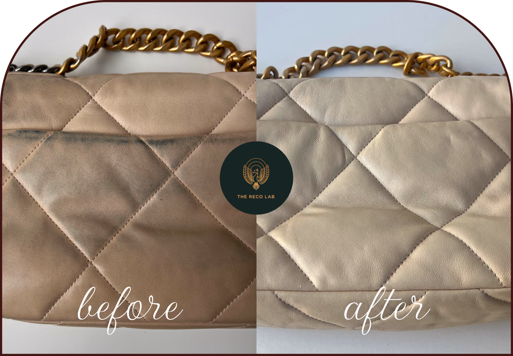 Close-up of quilted Chanel leather near the chain handle, showing dye discoloration removed after treatment