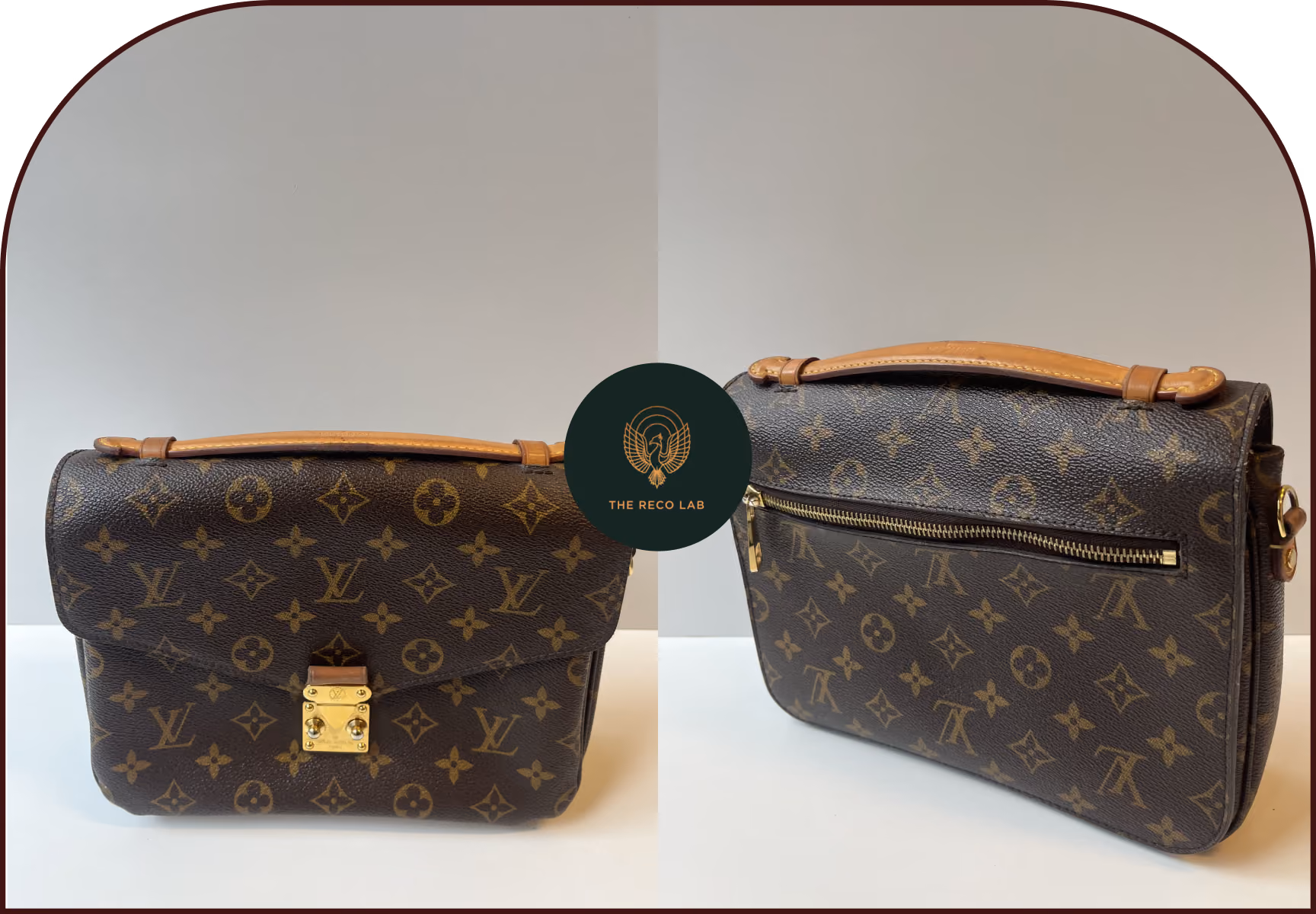 Louis Vuitton monogram canvas bag, front and back view, after odour removal treatment