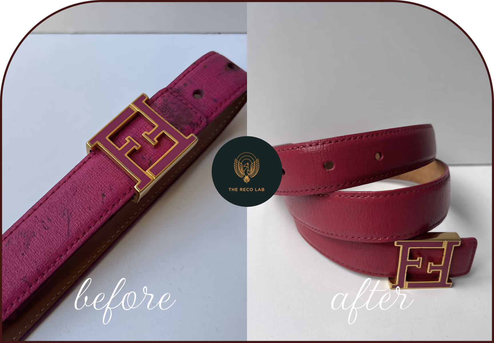 Stained magenta Fendi belt with logo buckle, before and after leather restoration