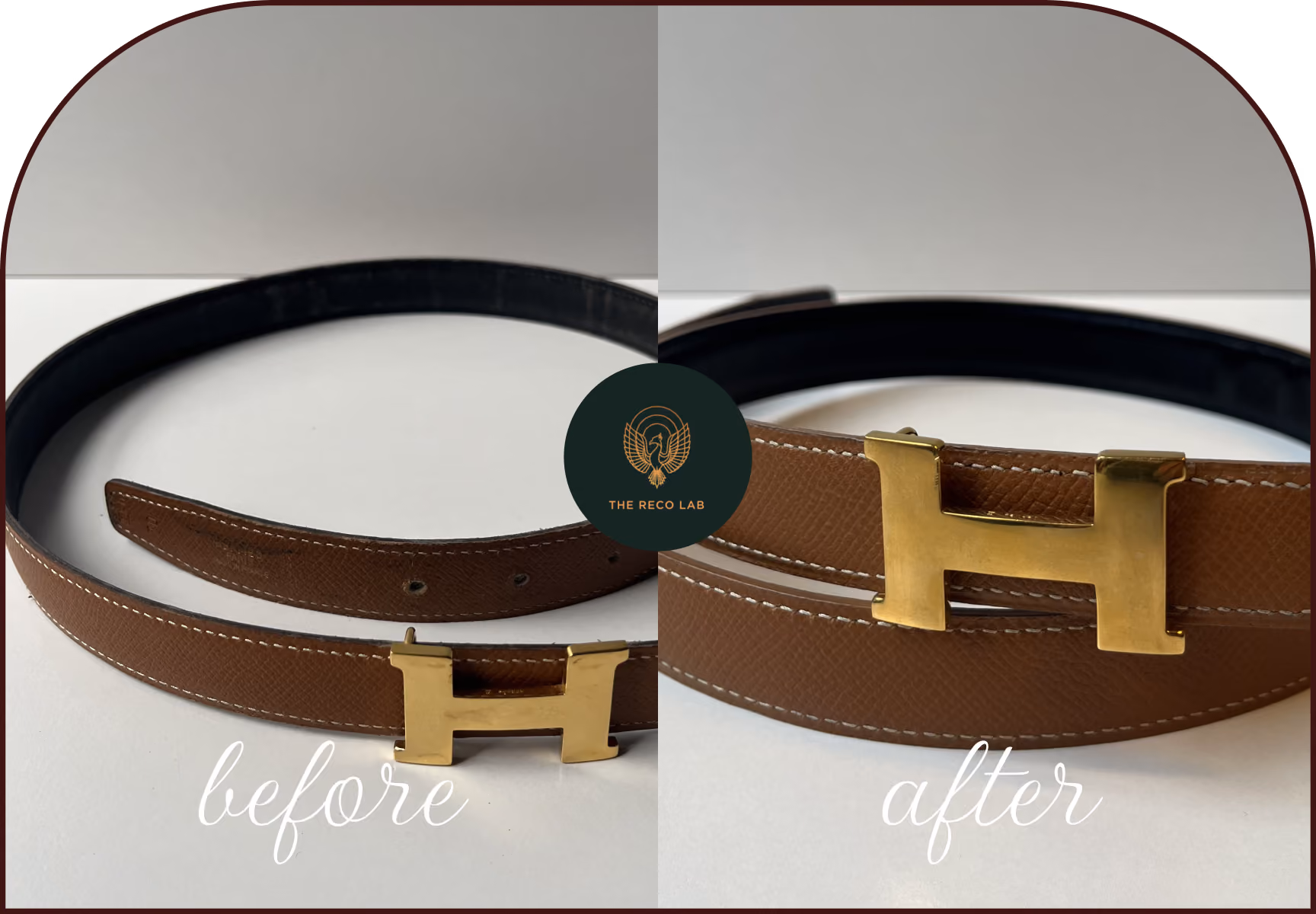 Brown leather Hermès belt with gold buckle, before and after cleaning and conditioning
