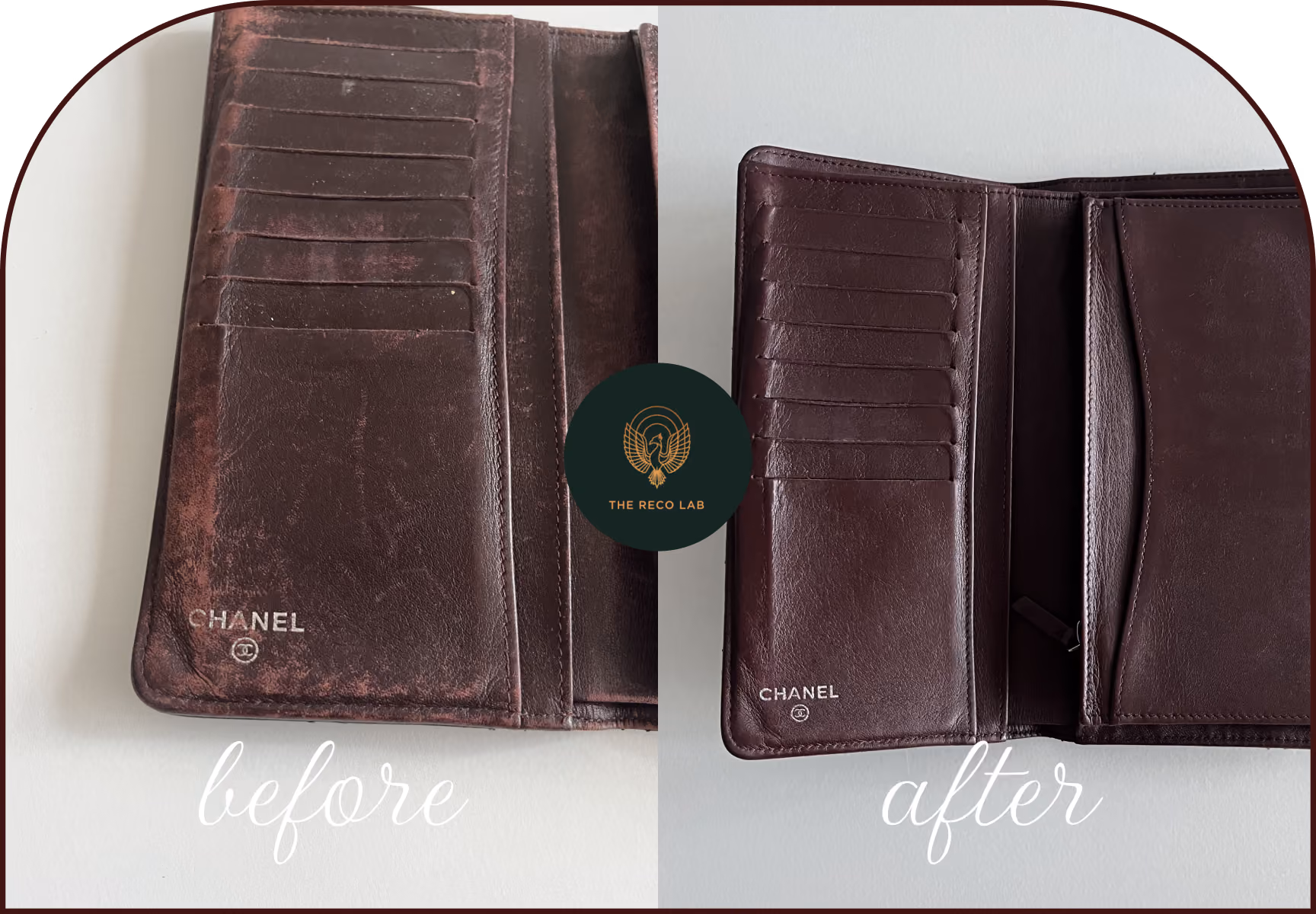 Chanel leather wallet interior, before and after restoration of discoloration and worn card slots
