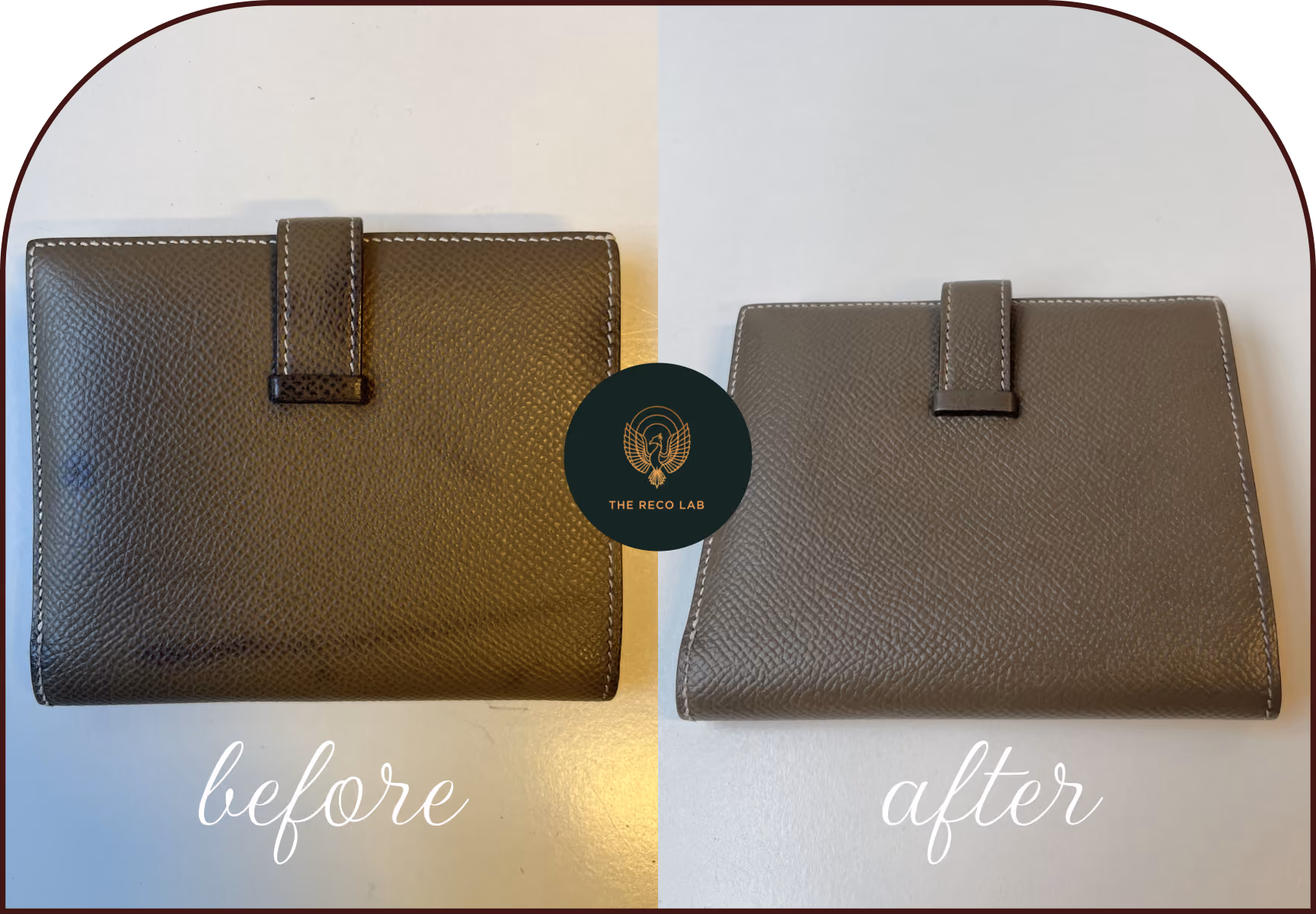 Hermès leather wallet, before and after restoration showing an even, refreshed olive tone