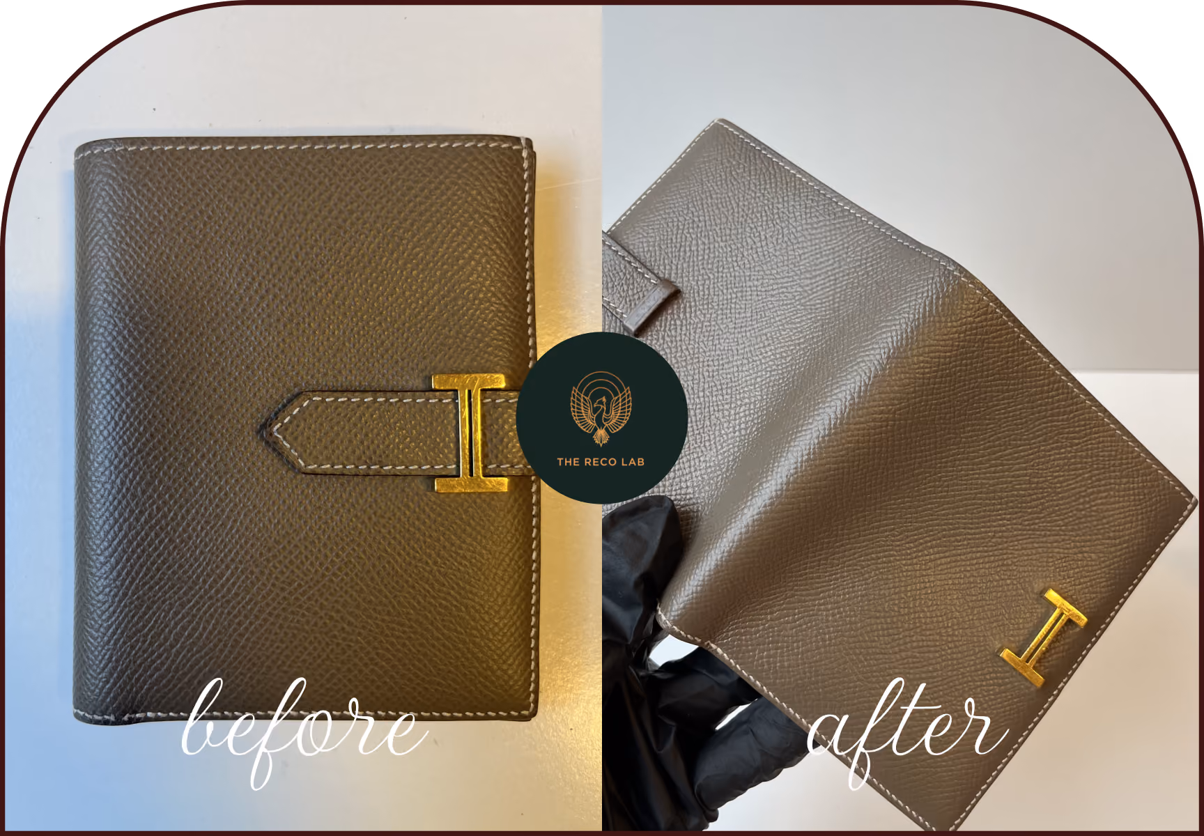Hermès leather wallet with gold H clasp, shown closed and open, before and after restoration