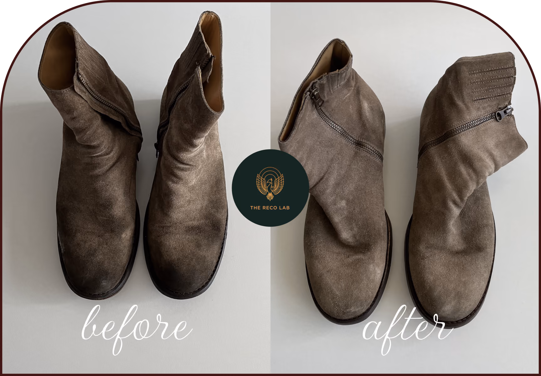 Suede ankle boots before professional cleaning, and after suede restoration and re-dyeing by The Reco Lab