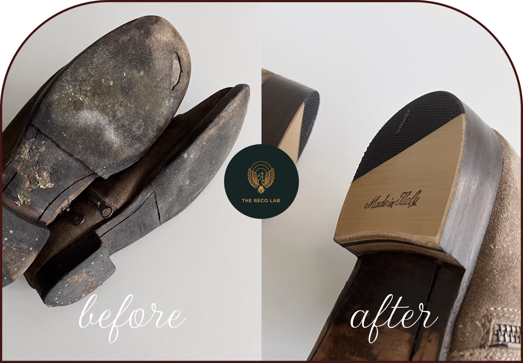 Split, worn-through shoe sole before repair, compared to the newly rebuilt sole and heel guard after restoration by The Reco Lab