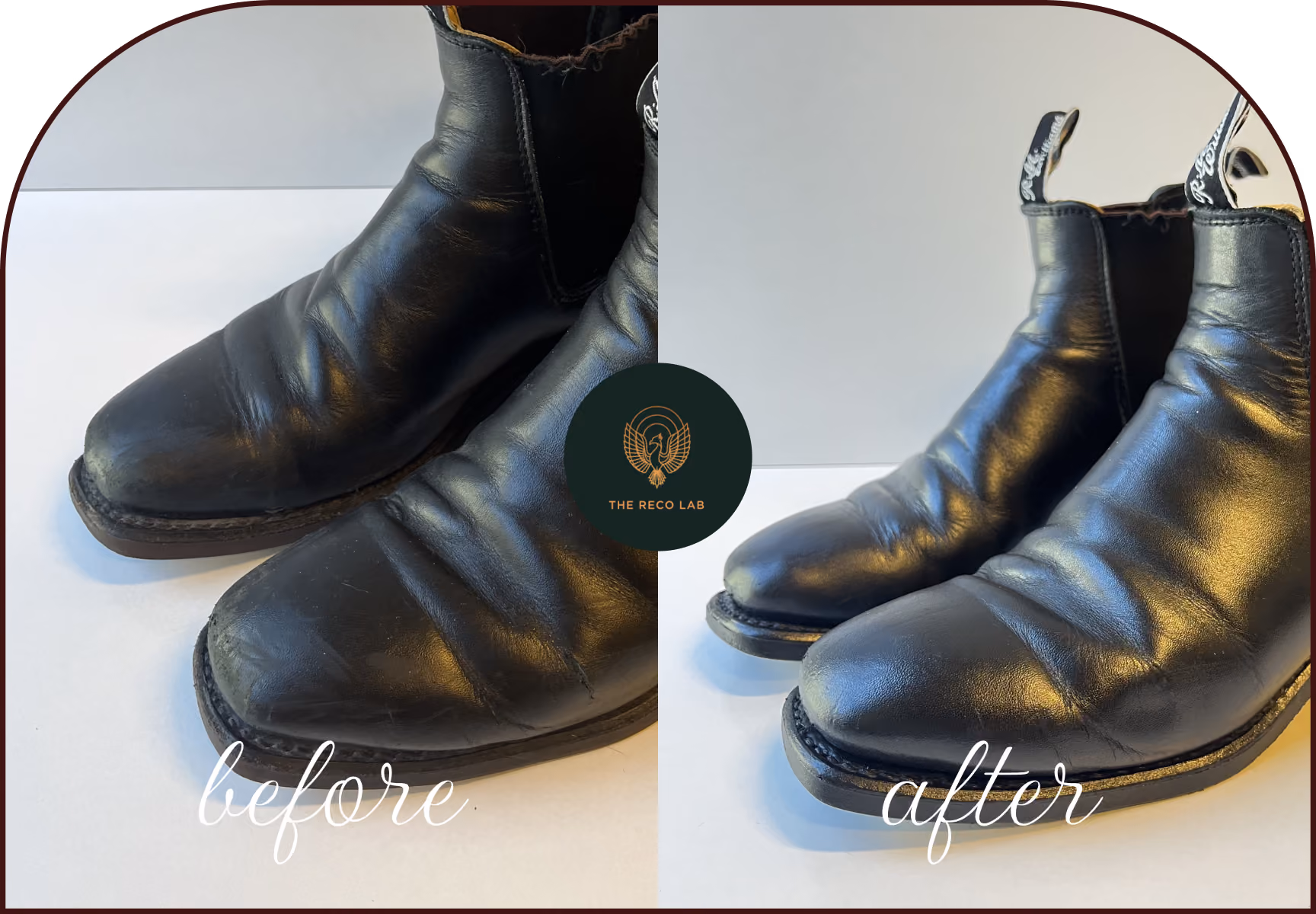 Black leather Chelsea boots before treatment, and after professional leather boot restoration and polishing by The Reco Lab