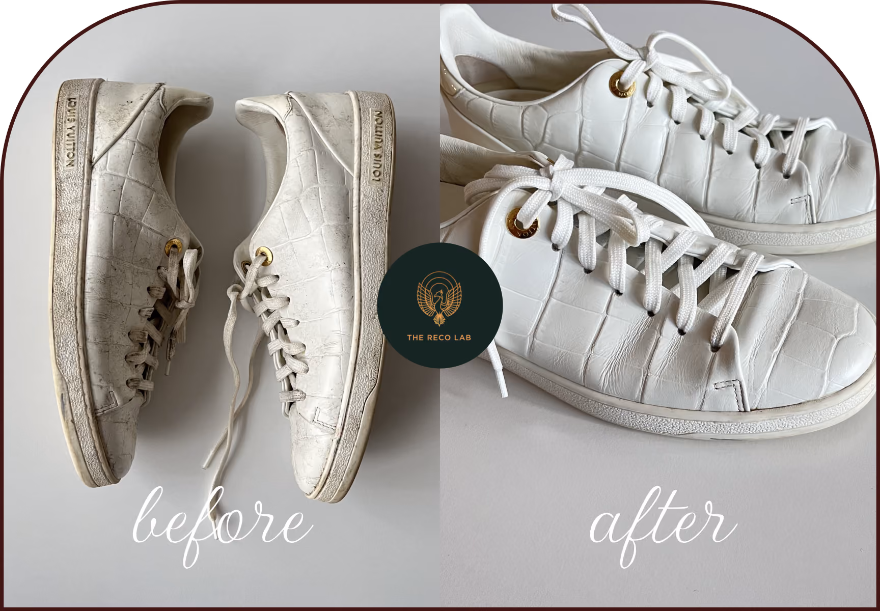 White Louis Vuitton leather sneakers, before and after professional cleaning and restoration by The Reco Lab