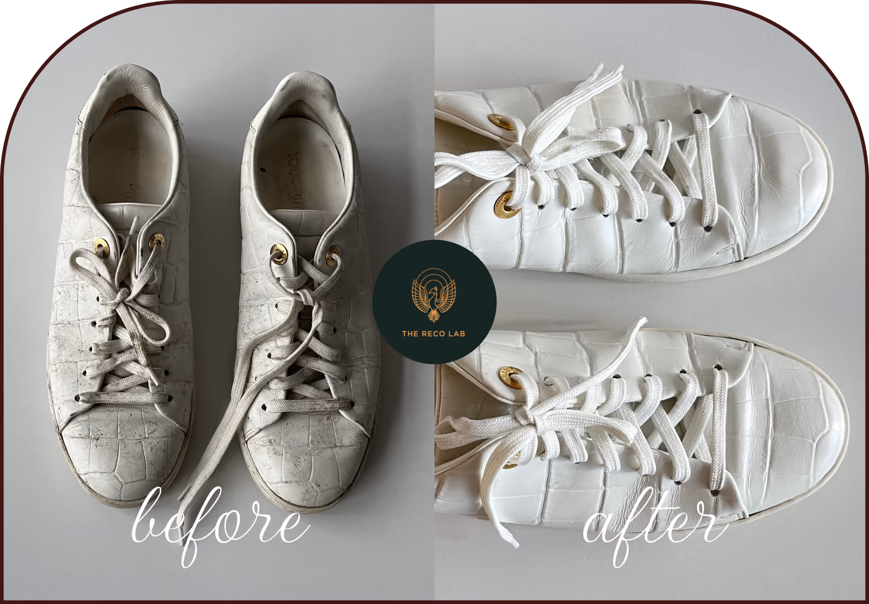White Louis Vuitton leather sneakers, before and after sneaker restoration by The Reco Lab, showing scuffs removed and colour brightened