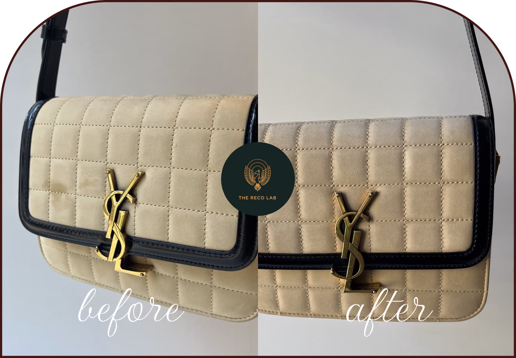 Cream suede YSL bag with stained flap, before and after suede cleaning by The Reco Lab