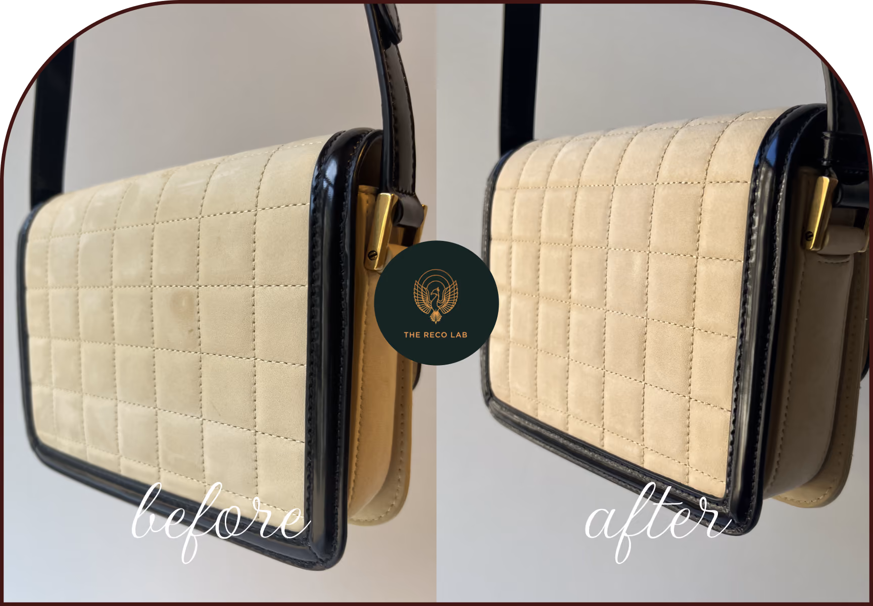 Cream suede YSL bag close-up, before and after stain removal and suede restoration by The Reco Lab