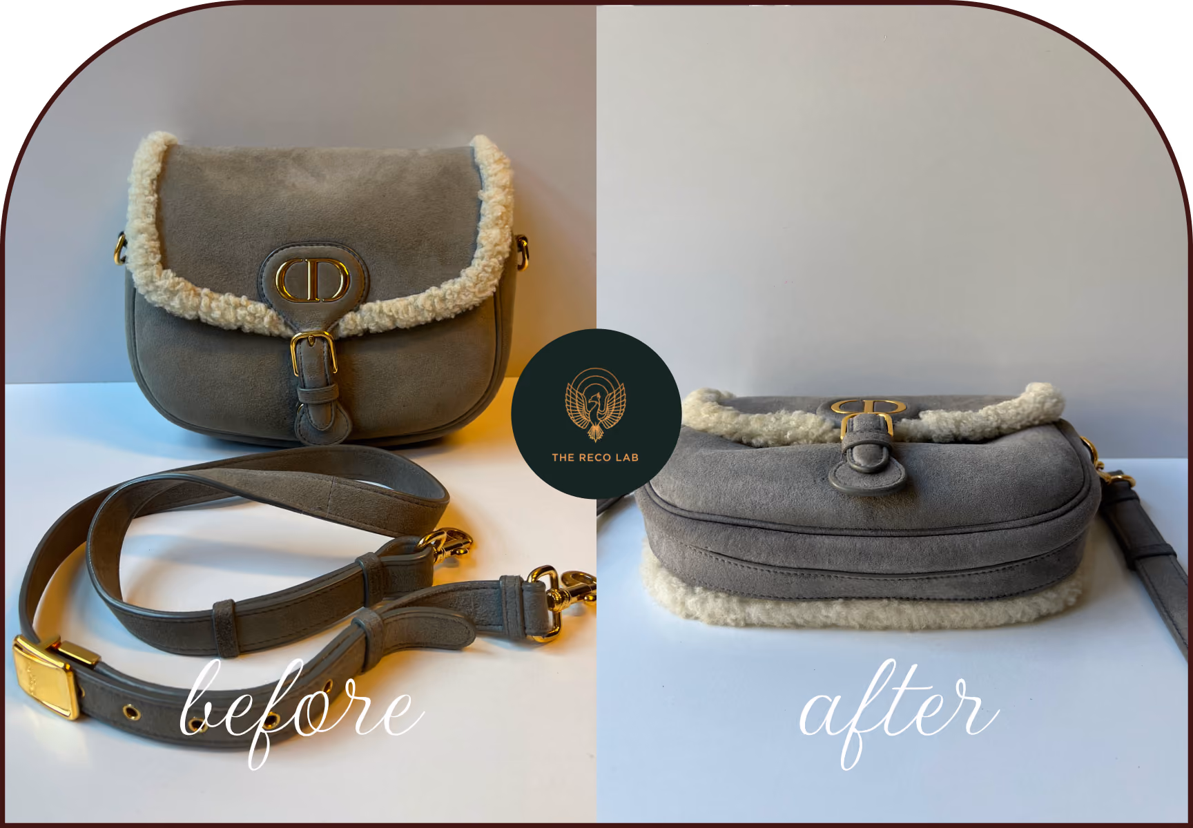 Grey suede Dior saddle bag with shearling trim, before and after suede restoration and cleaning by The Reco Lab