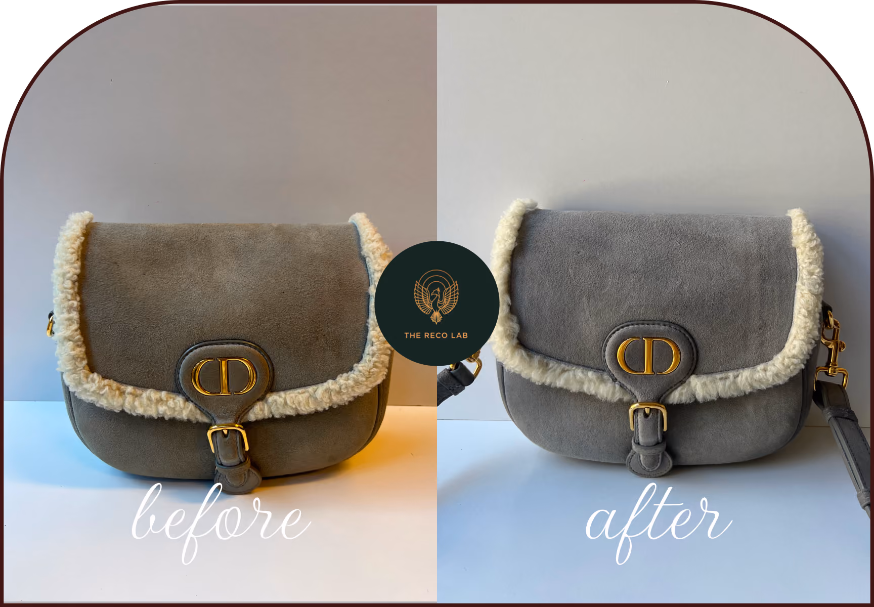 Grey suede Dior saddle bag, before and after suede cleaning and colour restoration by The Reco Lab