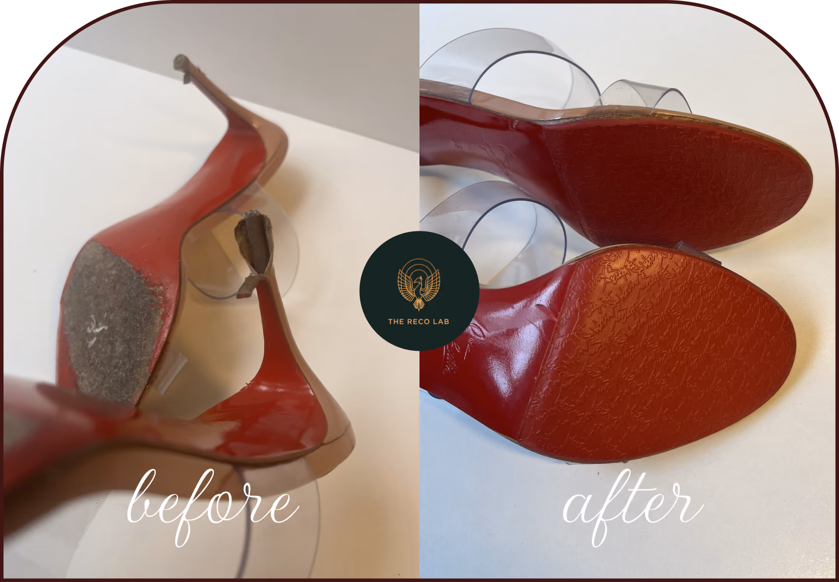 Close-up of a cracked heel tip on a Christian Louboutin shoe, before and after red sole repair by The Reco Lab