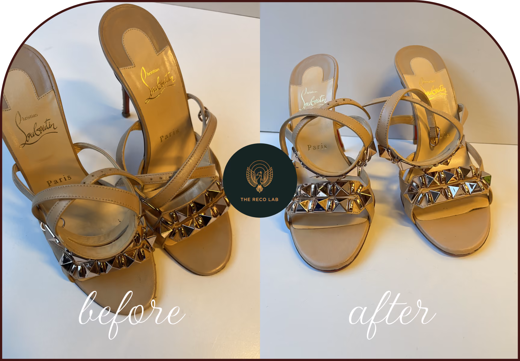 Studded nude Christian Louboutin sandals, before and after cleaning and restoration by The Reco Lab