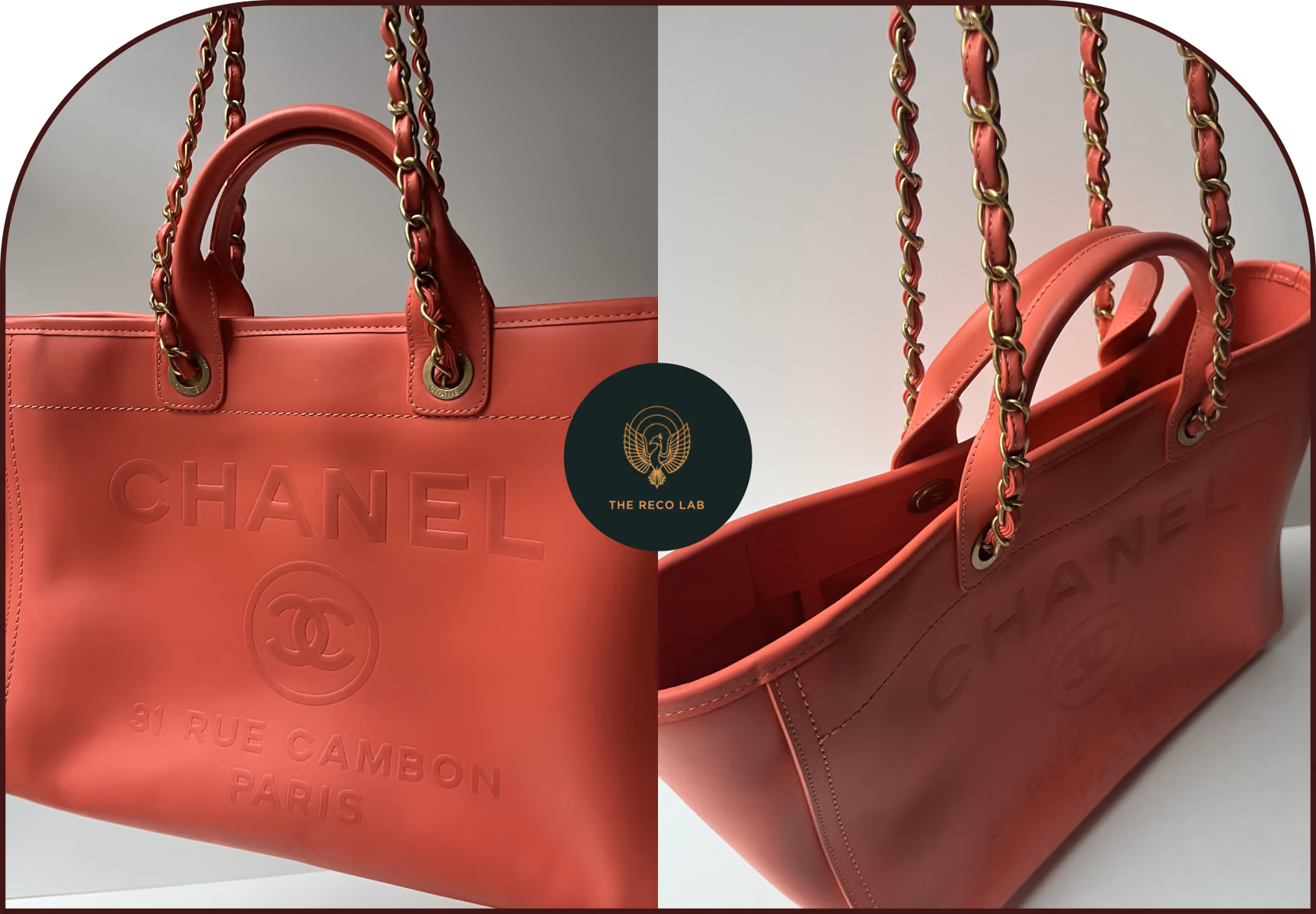 Coral pink Chanel Deauville leather tote, close-up of embossed branding after colour restoration by The Reco Lab