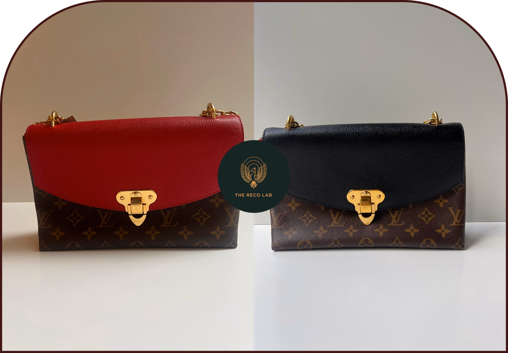 Louis Vuitton monogram clutch shown with a red leather flap and the same bag recoloured to black by The Reco Lab
