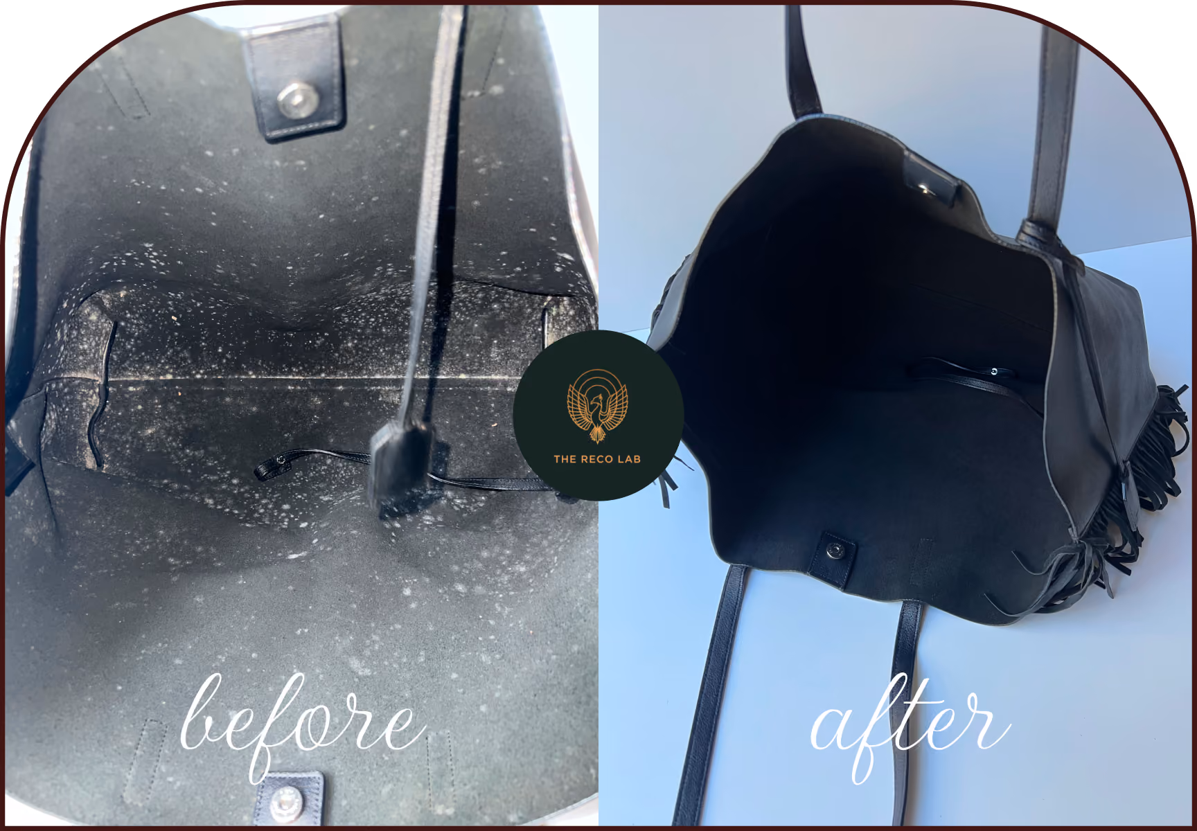 Interior of a black leather Gucci bag covered in mould spots, before and after mould removal by The Reco Lab