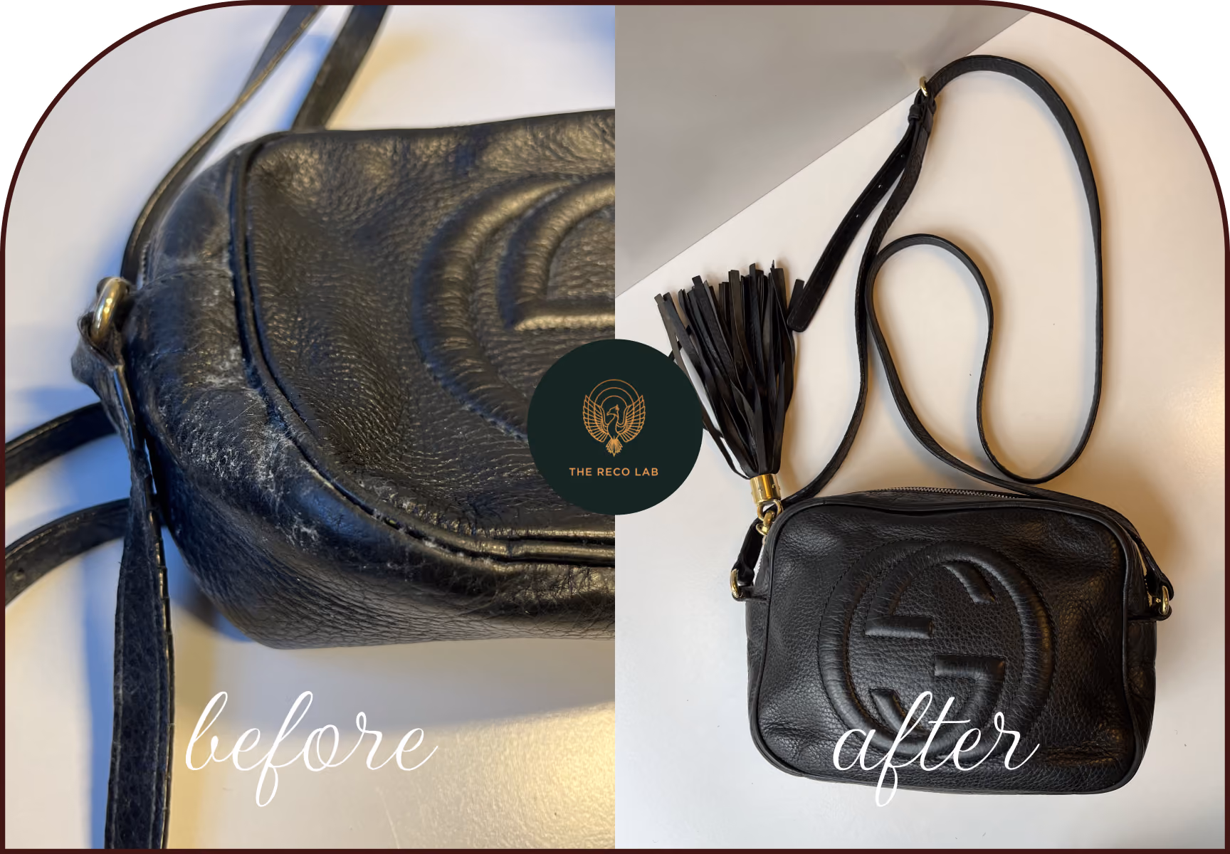 Close-up of scratched black leather Gucci Soho bag, before and after mould removal and leather restoration by The Reco Lab