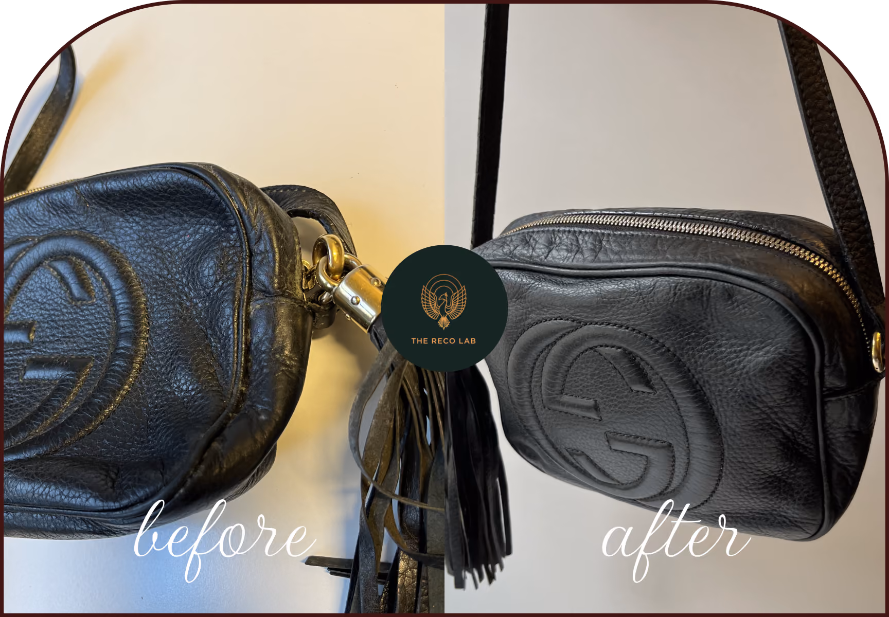 Black leather Gucci Soho crossbody bag with tassel, before and after mould removal and cleaning by The Reco Lab