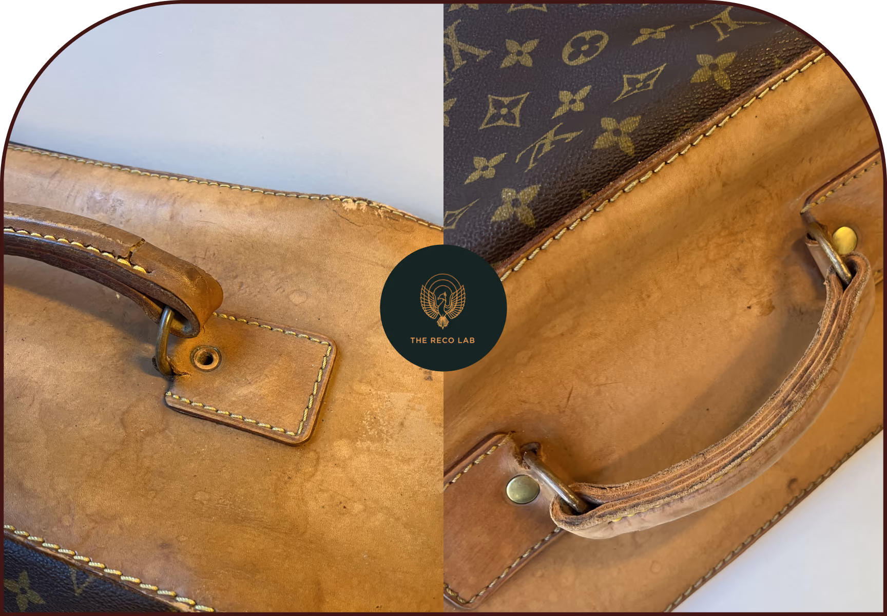 Close-up of a water-stained Louis Vuitton handle and interior, before leather restoration by The Reco Lab