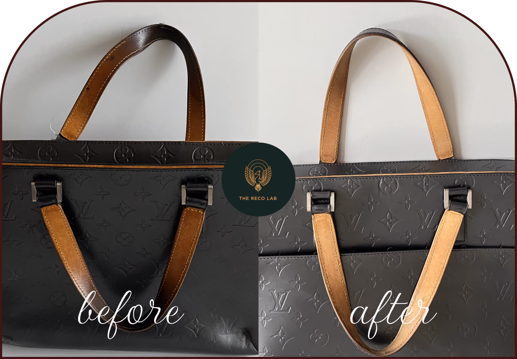 Louis Vuitton bag handles darkened by water damage, before and after colour restoration by The Reco Lab