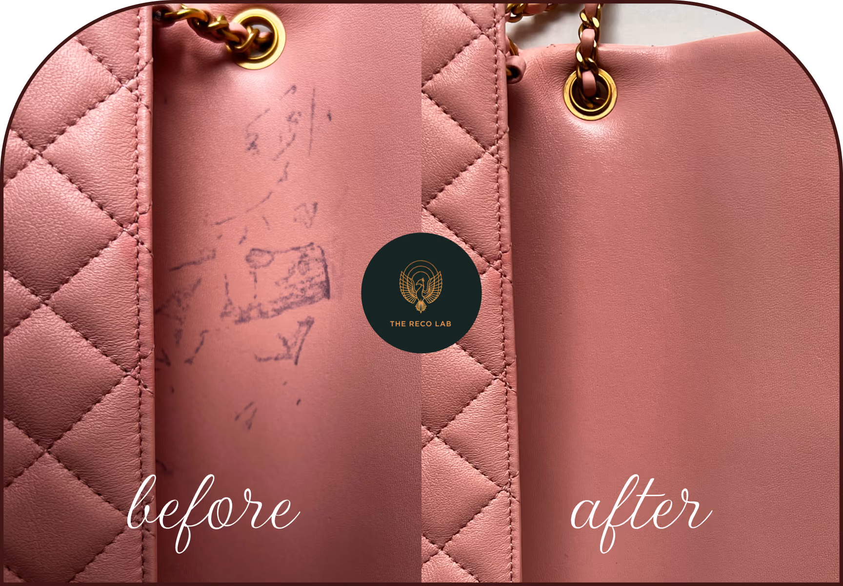 Pink Chanel leather bag interior with pen scribbles, before and after ink stain removal by The Reco Lab