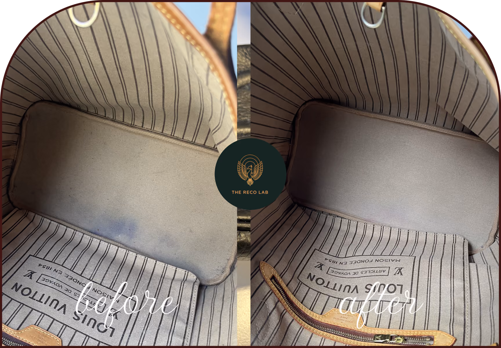 Louis Vuitton bag interior with an ink stain on the fabric lining, before and after stain removal by The Reco Lab