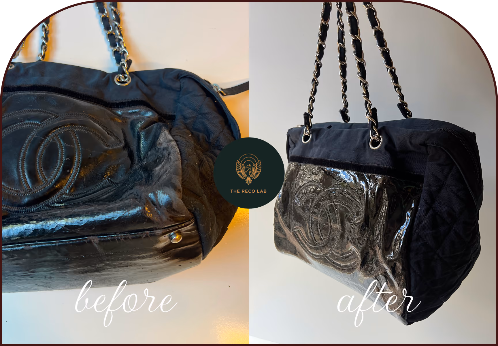 Chanel patent leather bag with severely cracked, peeling coating, before and after crack repair and resurfacing by The Reco Lab