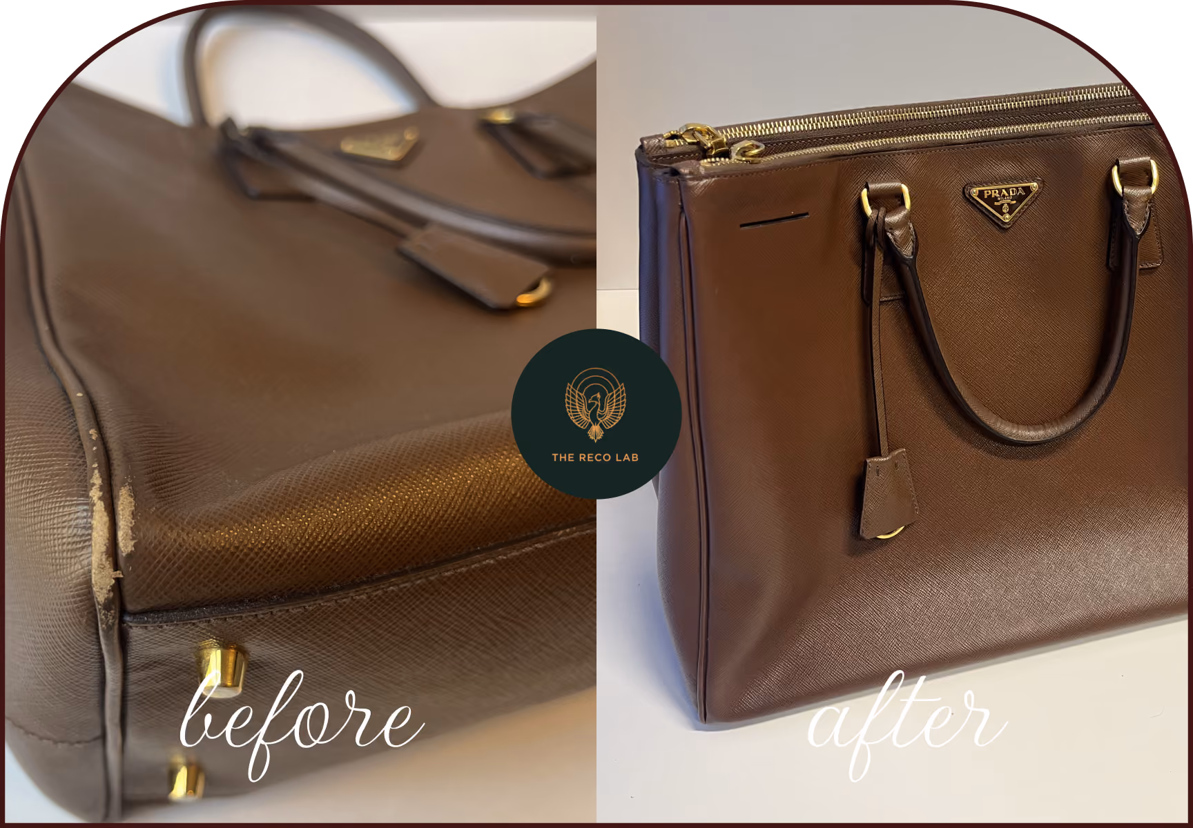 Prada Saffiano leather bag with a peeling, worn corner, before and after leather repair by The Reco Lab